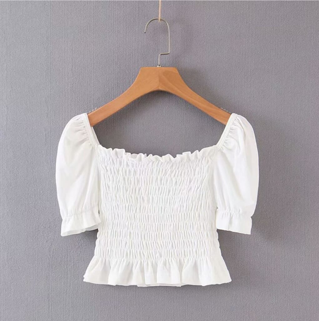 Vintage White Elastic Women Summer Blouse Square Collar Ruffle Flare Sleeve Crop top