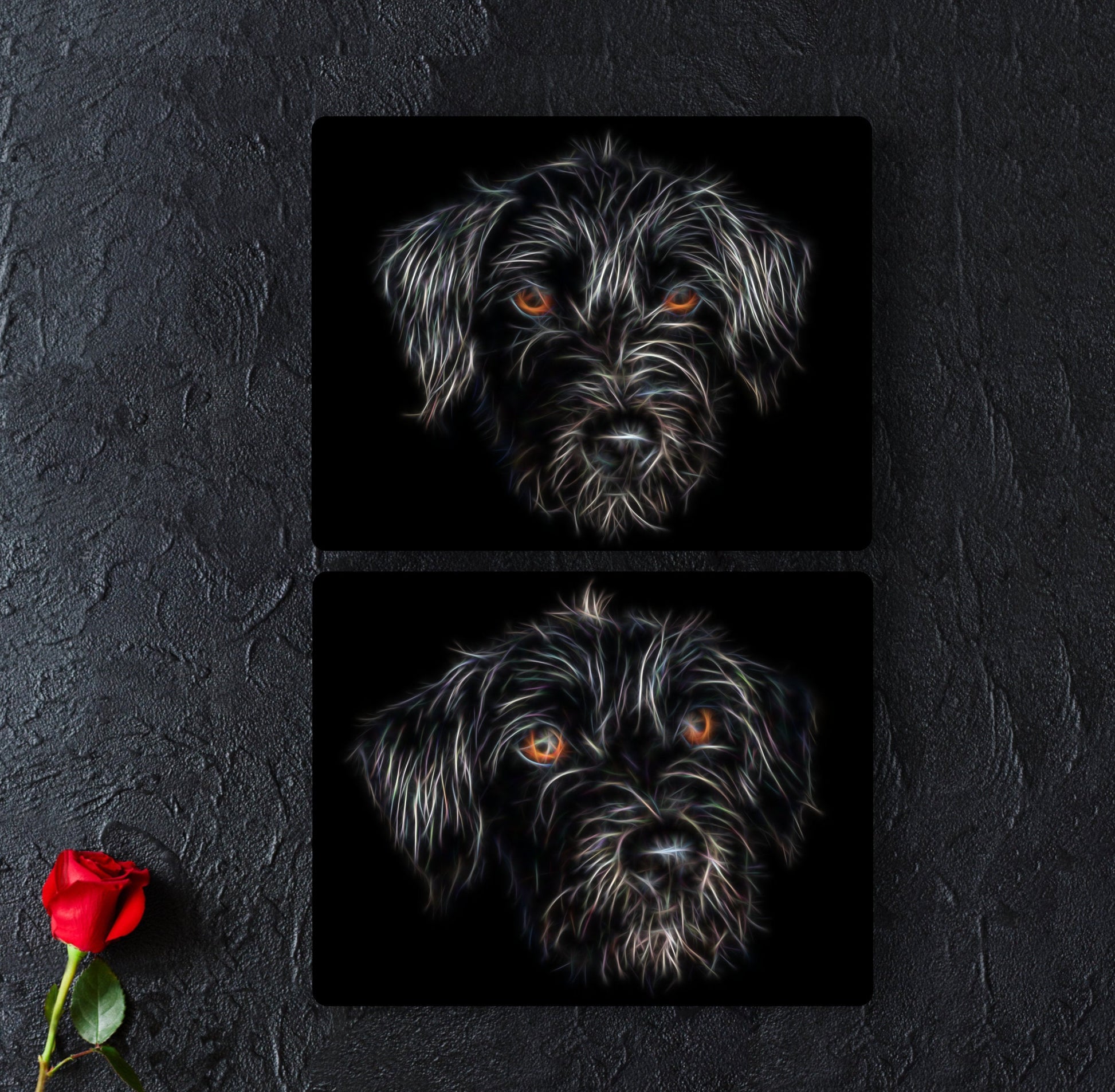 Black Jackapoo Dog Metal Wall Plaque with Fractal Art Design.