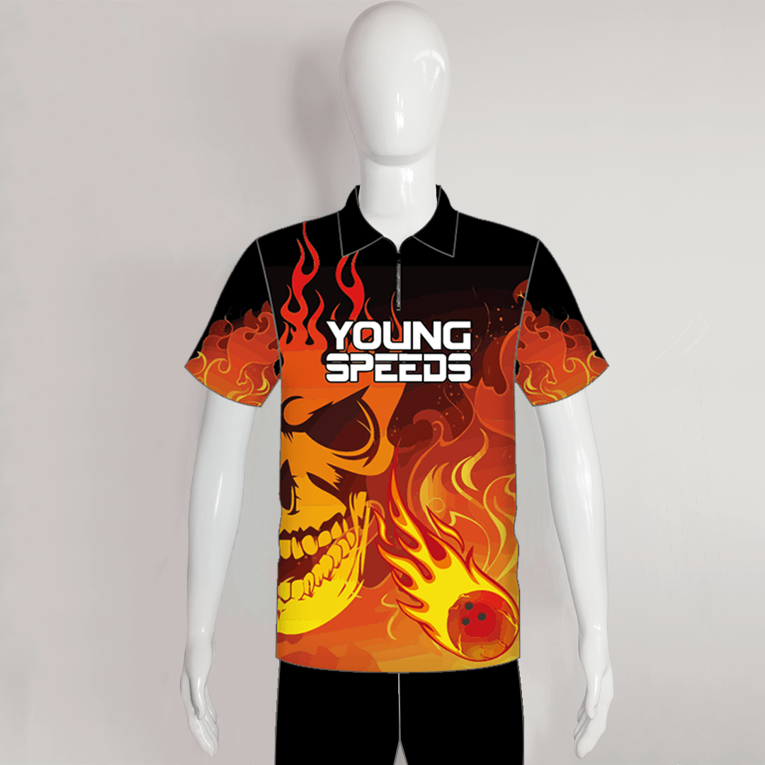 Bowling Ball Skull Sublimated Custom Bowling Jerseys | YoungSpeeds Banded Zip