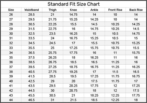 Standard Fit Size Chart