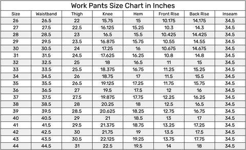 Work Pants Size Chart