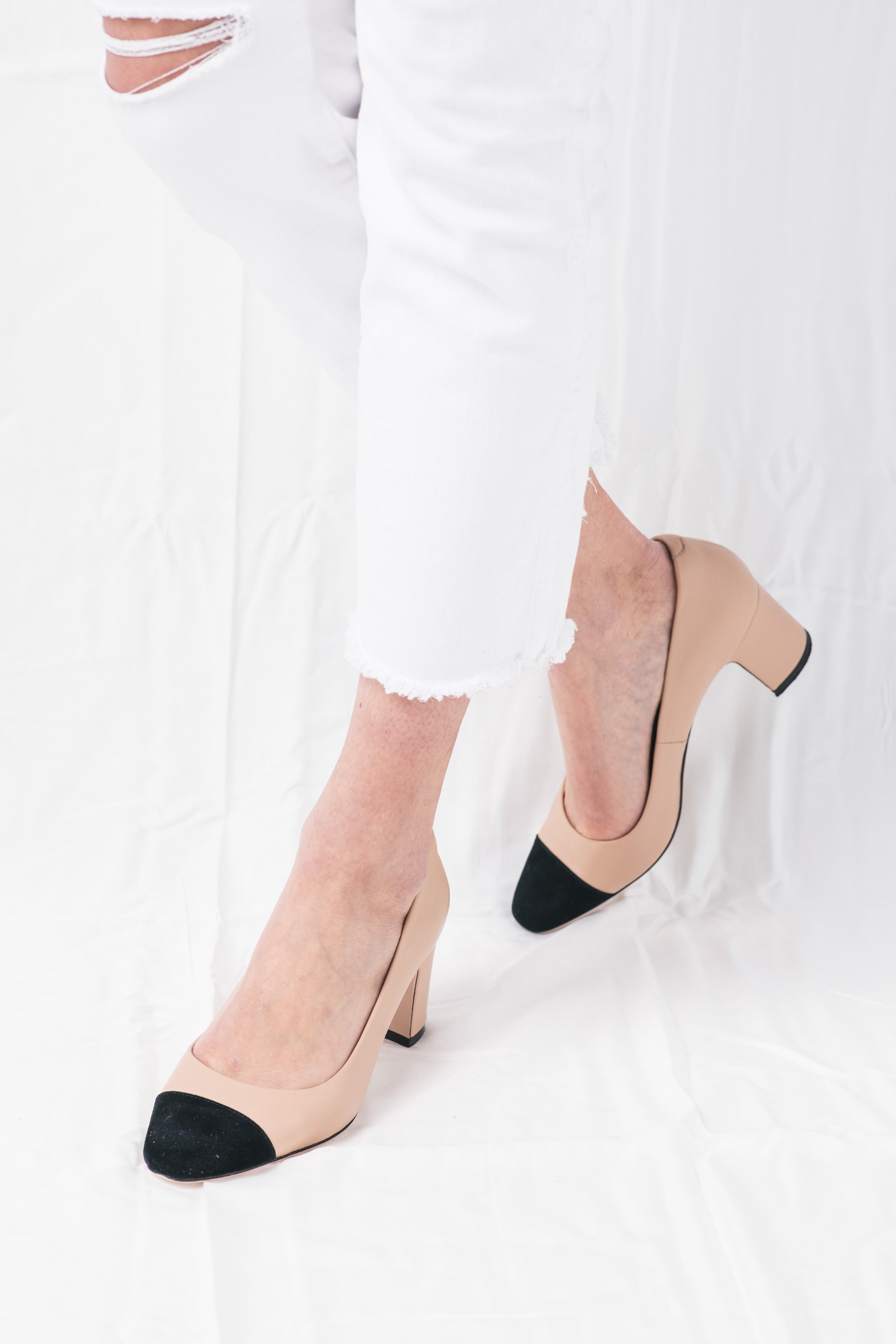 Two Tone Beige Black Leather Pumps 