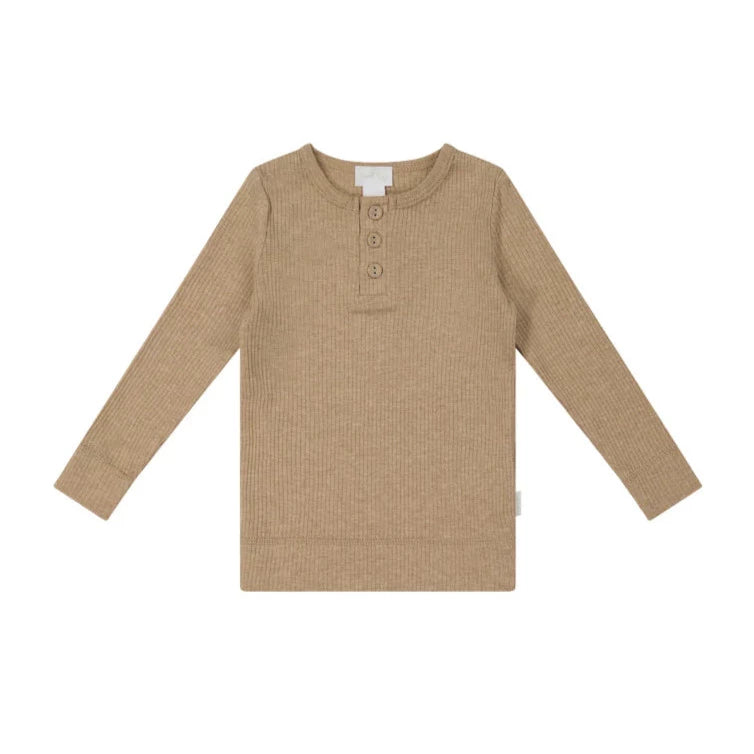 Organic Cotton Modal Long Sleeve Henley - Caramel Marle
