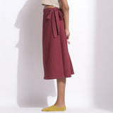 Left View of a Model wearing Barn Red Cotton Waffle Wrap Skirt