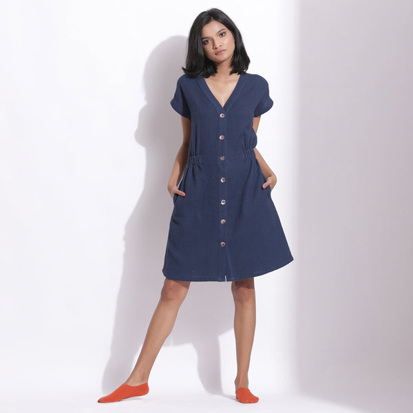 Front View of a Model wearing Cotton Waffle Navy Blue Button-Down Dress