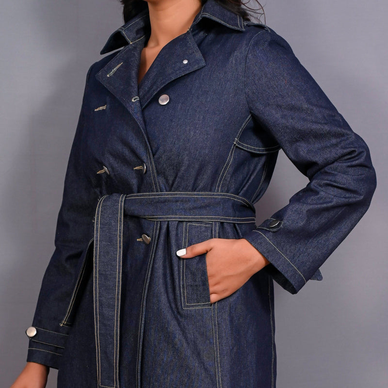 Front Detail of a Model wearing Indigo 100% Cotton Denim Double-Breasted Trench Coat