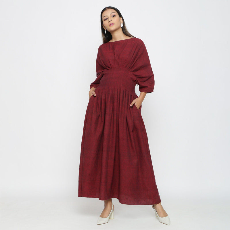 Buy Maroon Handspun Cotton Ankle Length Pleated Flared Dress Online at ...