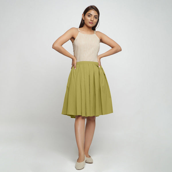 Front View of a Model wearing Olive Green Cotton Flax Pleated Skirt