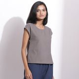 Right View of a Model wearing Warm Cotton Flannel Grey Essential Top