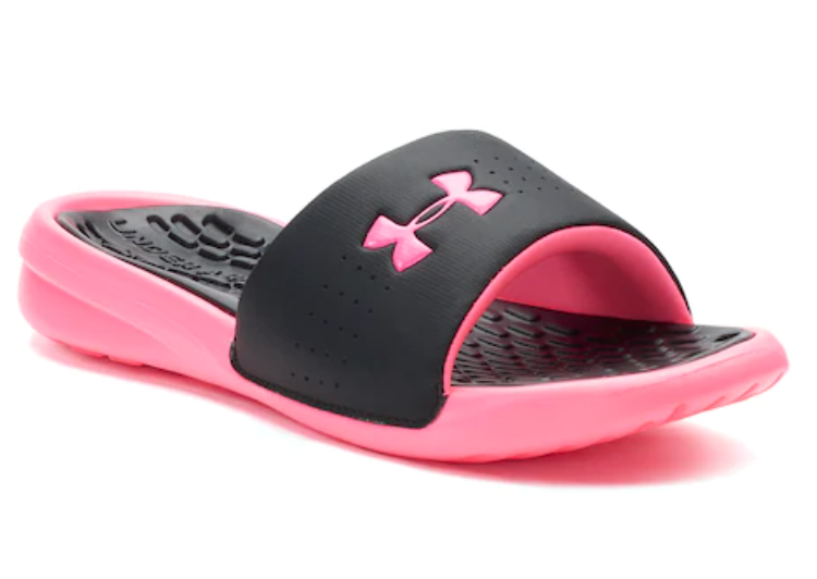 pink and black under armour slides