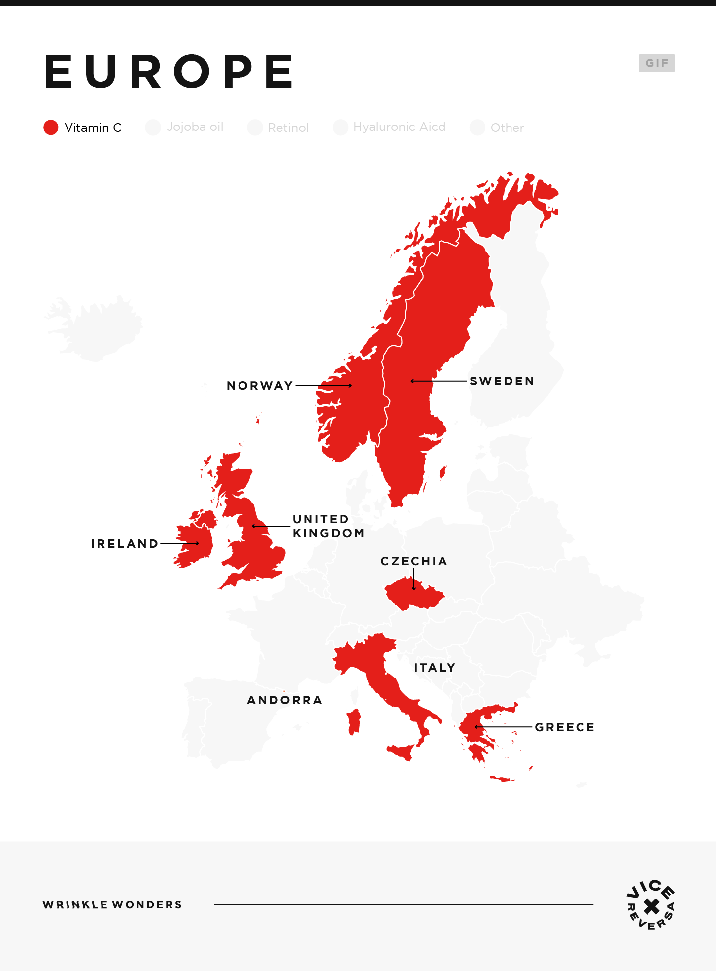 An interactive map showing the most searched for anti-wrinkle products in Europe.