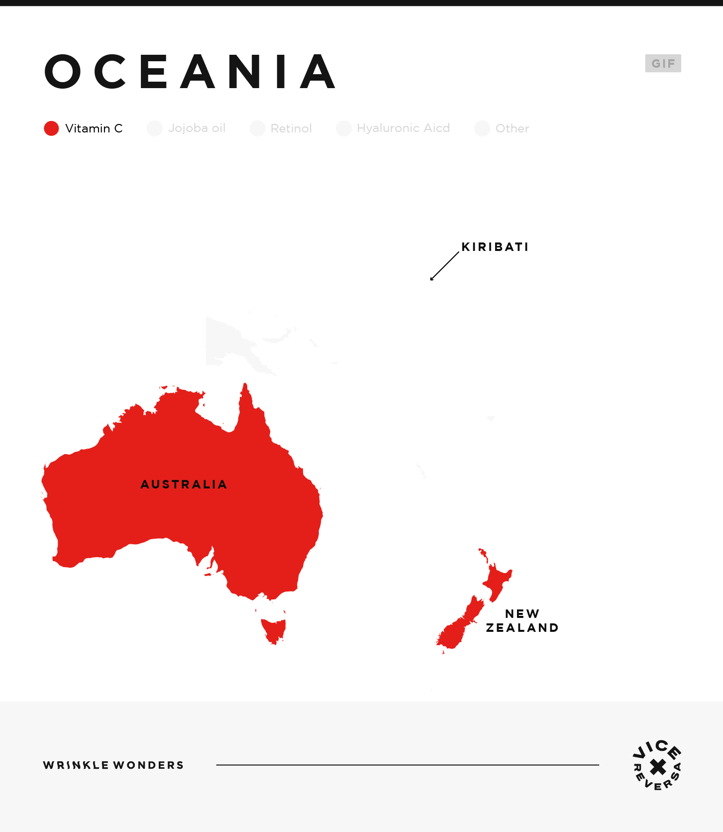 An interactive map showing the most searched for anti-wrinkle products in Oceania.