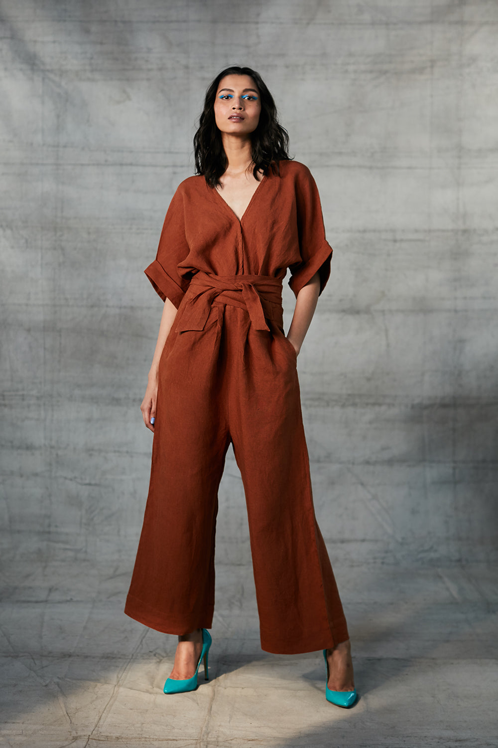 Khaki Linen Wrapped Jumpsuit – Saphed