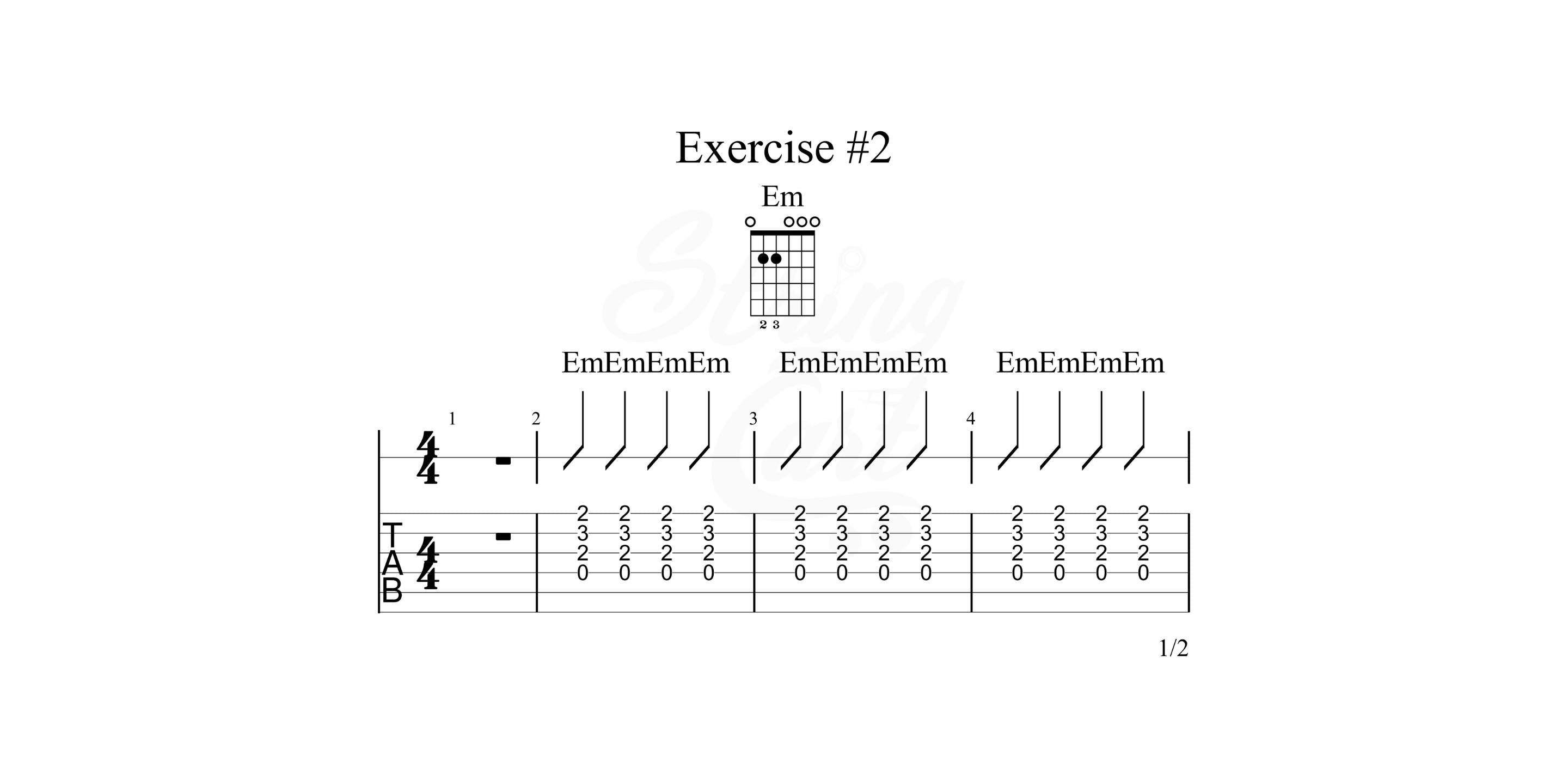 Hold the E Major chord and play downstrokes on every beat of every bar.