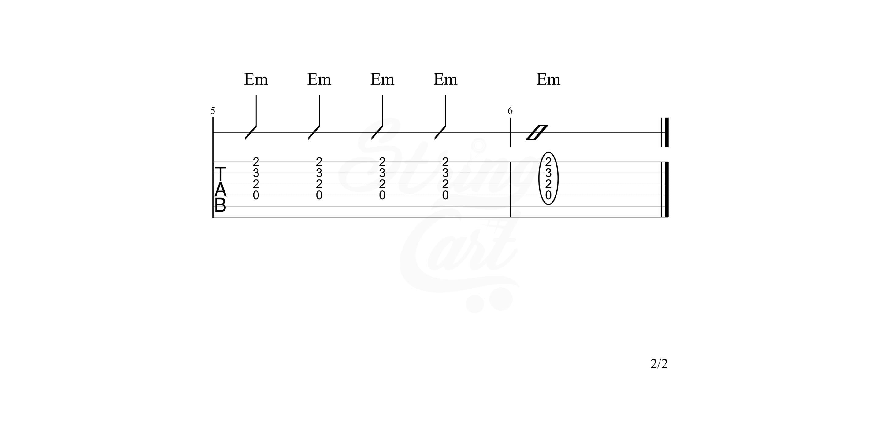 Hold the E Major chord and play downstrokes on every beat of every bar.