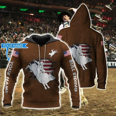 Maxcorners Personalized Bull Riding Hoodie American Steel Flag PT12