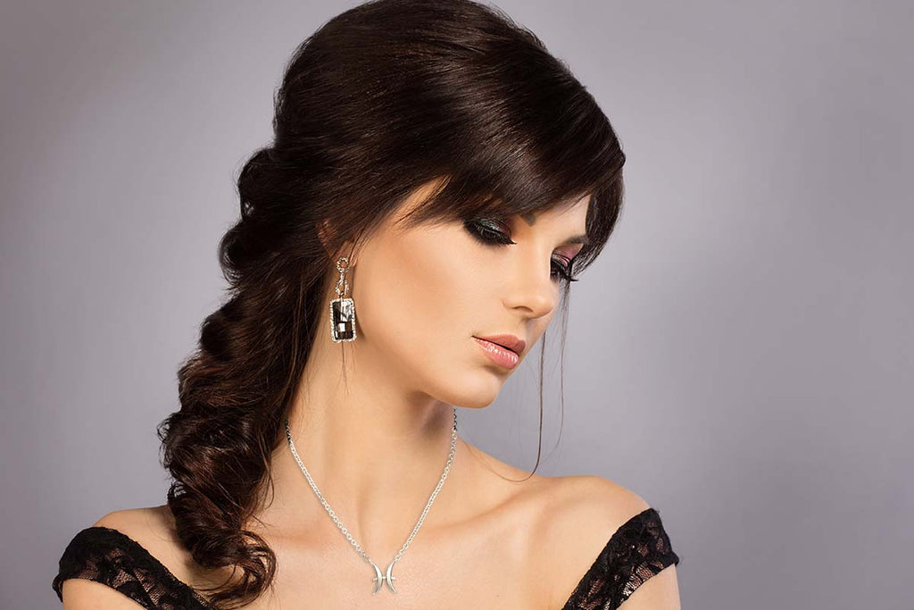 Model with Pisces necklace pendant in Sterling Silver White Gold Platinum