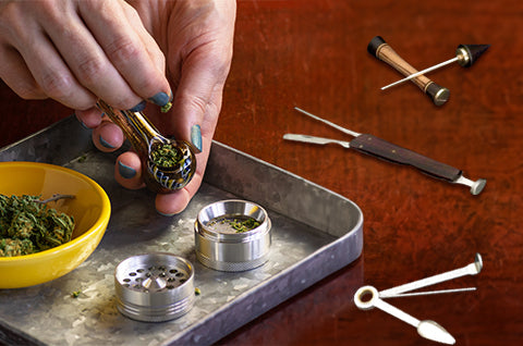 A bowl with various tools for packing a bowl