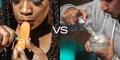 Image featured in 'The Ultimate Guide to Pipe vs Bong for Smoking Weed' on The Dart Company's blog, demonstrating a person smoking from both a pipe and a bong to showcase their versatility when combined, within the context of the 'Pipe vs Bong' comparison.