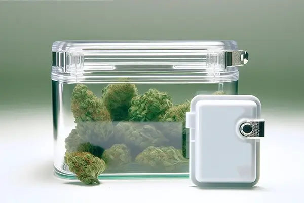 Airtight glass container with cannabis and humidity control pack