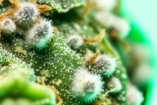 Close-up of moldy cannabis with visible mold spores