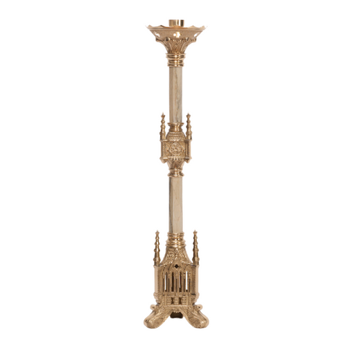 Pair of Antique Brass Gothic Revival Altar Candlesticks for Pillar