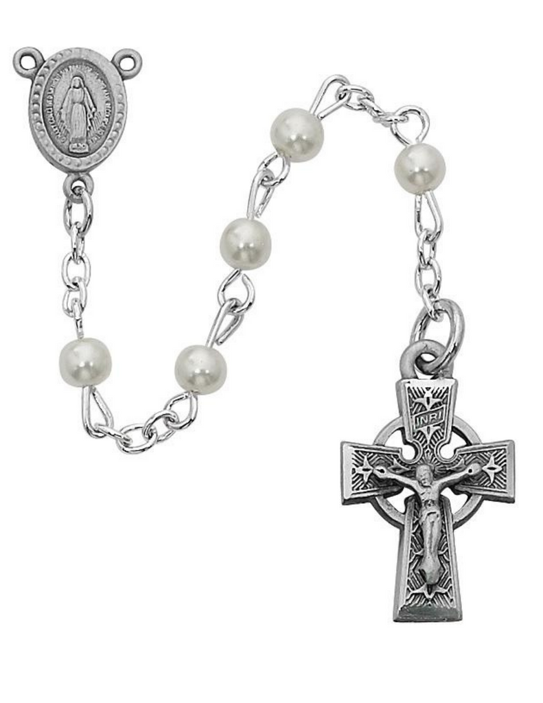 Celtic Crucifix and Miraculous Medal Center with 5mm Pearl Rosary