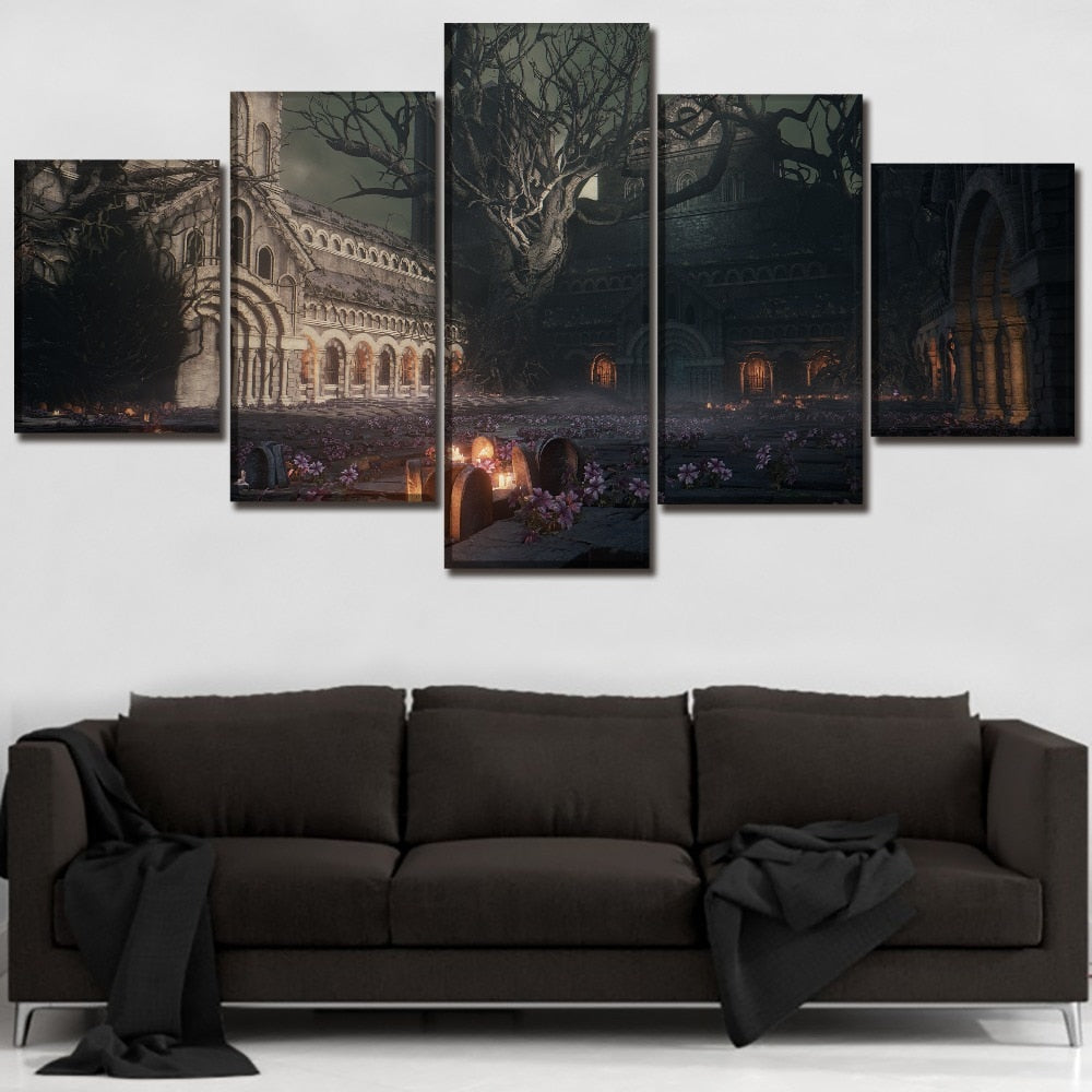 5 Panel Creepy Building Game Dark Souls Iii Painting Canvas Print Game Poster Wall Art Home Decor Framework Modern Living Room