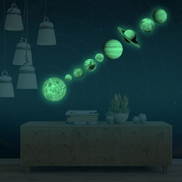 9pcs Removable Glow In The Dark Planets Wall Stickers Art