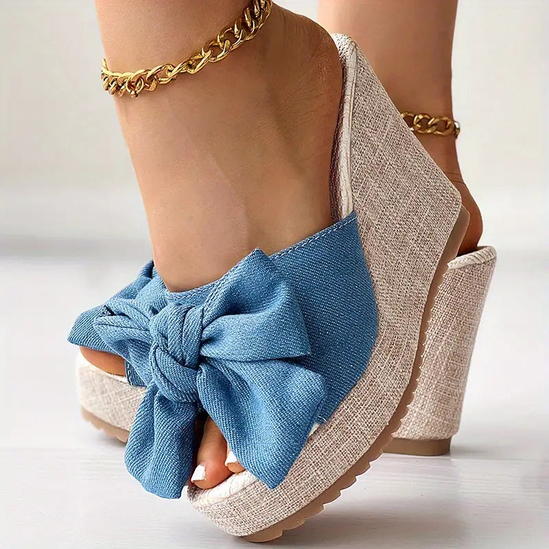 DENIM BOW WEDGES