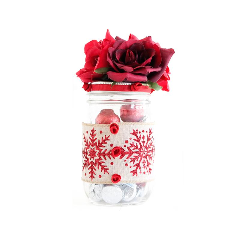 Mason Jar Decorated With Flowers Ribbon Holiday Gift Souvenir