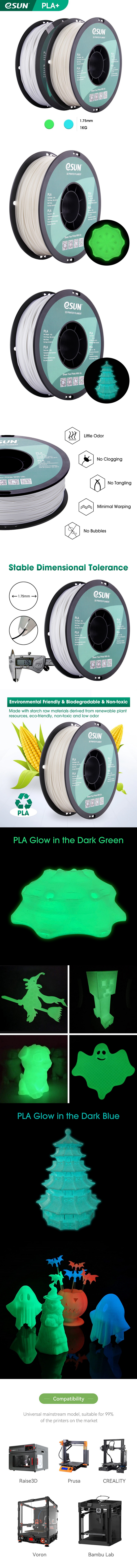 eSun PLA Luminous Glow In The Dark 1.75mm 1KG 3D Printer Filament