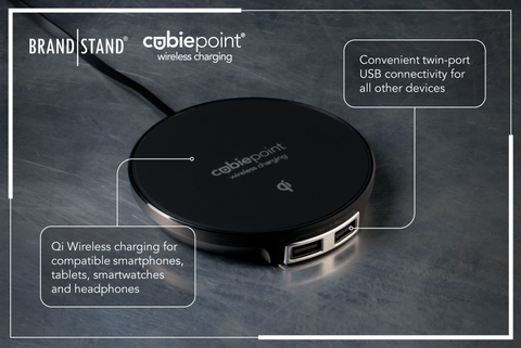 The Brandstand CubiePoint offers easy QI Wireless charging for hotel guests.