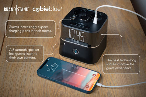 The Brandstand CubieBlue is a multifunction charging alarm clock, designed specifically for hotels.