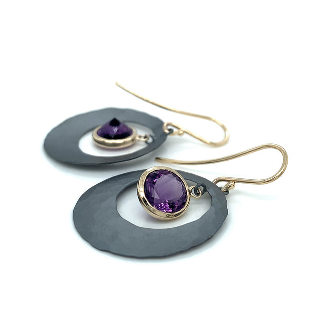 Hammered Small Hoop Earrings W/ Amethyst Charm 24k Gold over 925 Silve