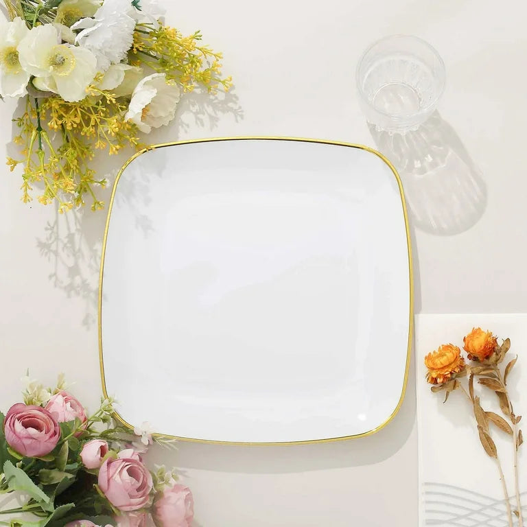 White Square Plastic Plates With Gold Rim 7.5" - 120/Case