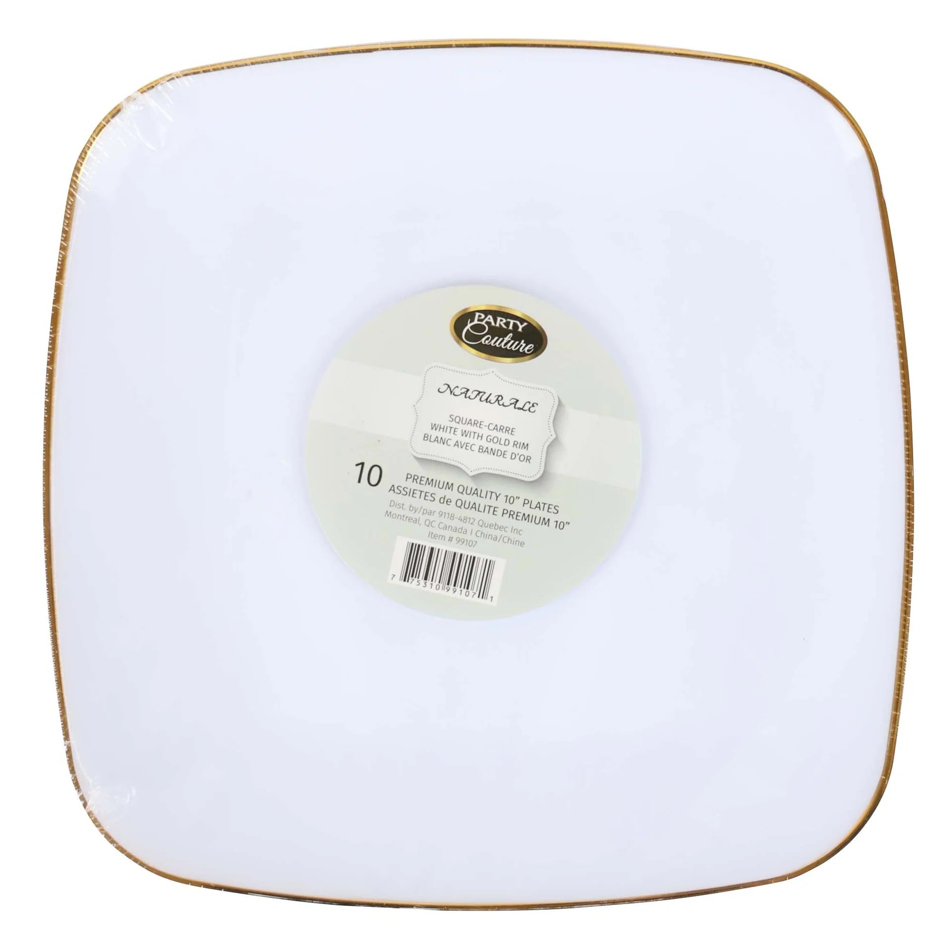White Square Plastic Plates With Gold Rim 10" - 120/Case