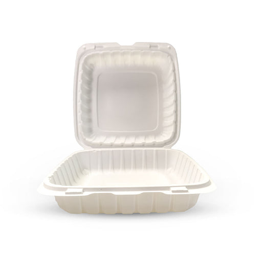 Medium White Takeout Boxes - 9x6 Mineral Filled Hinged Containers