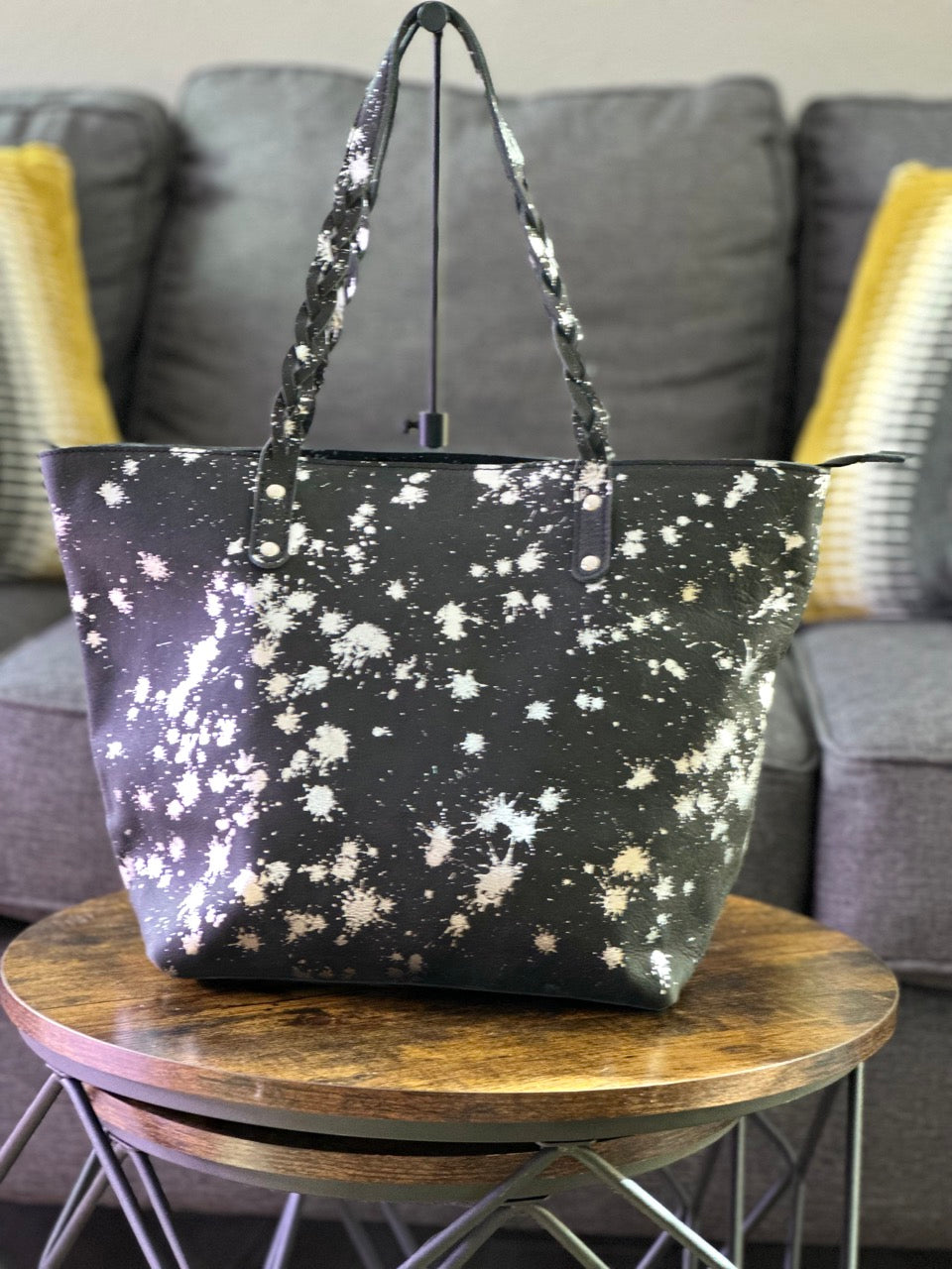 Abigail Tote in Black Leather with Silver Splatter – Daja Designs