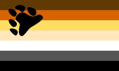 Bear pride flag with Dark Brown, Orange/Rust, Golden Yellow, Tan, White, Gray, and Black