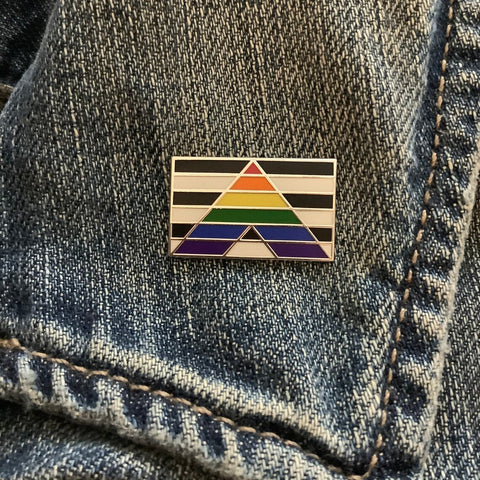 LGBTQIA straight ally wearable enamel pin on denim jacket collar