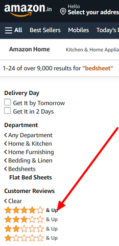 Average Customer Review Filter on Amazon India for Bedsheets