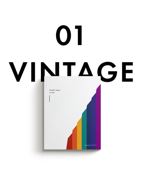 Vintage rainbow softcover photo book with text behind product.