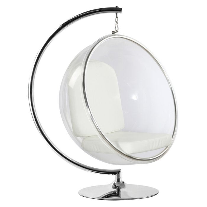 Hanging Bubble Chair Polished Chrome W/Stand White Cushion Aron Living