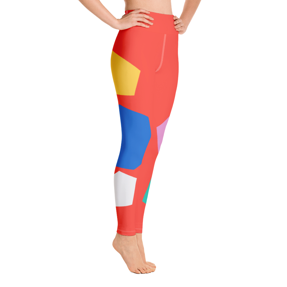 Red High Waist Yoga Leggings with Blue Pink Yellow and Green Geometric Shapes 