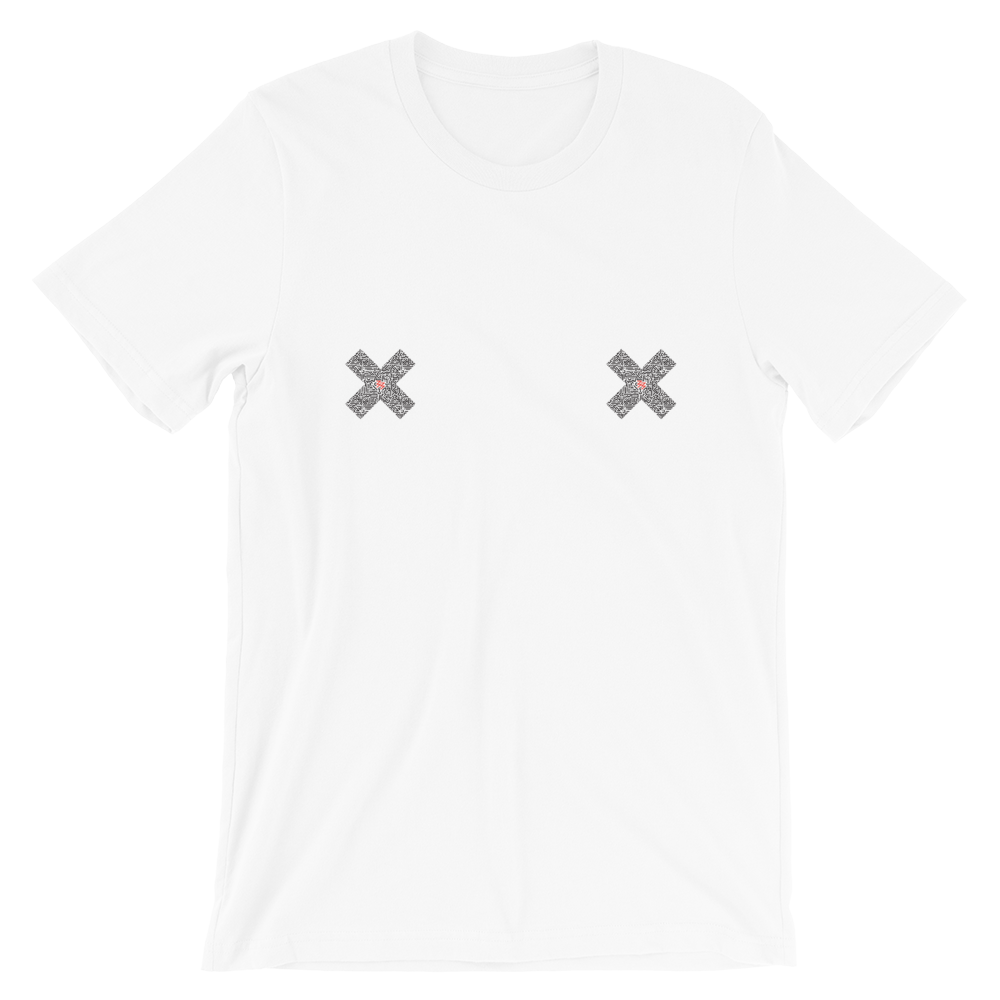 Flat lay of White unisex Xoo Life T-shirt with two graphic x's in black and red on each breast.