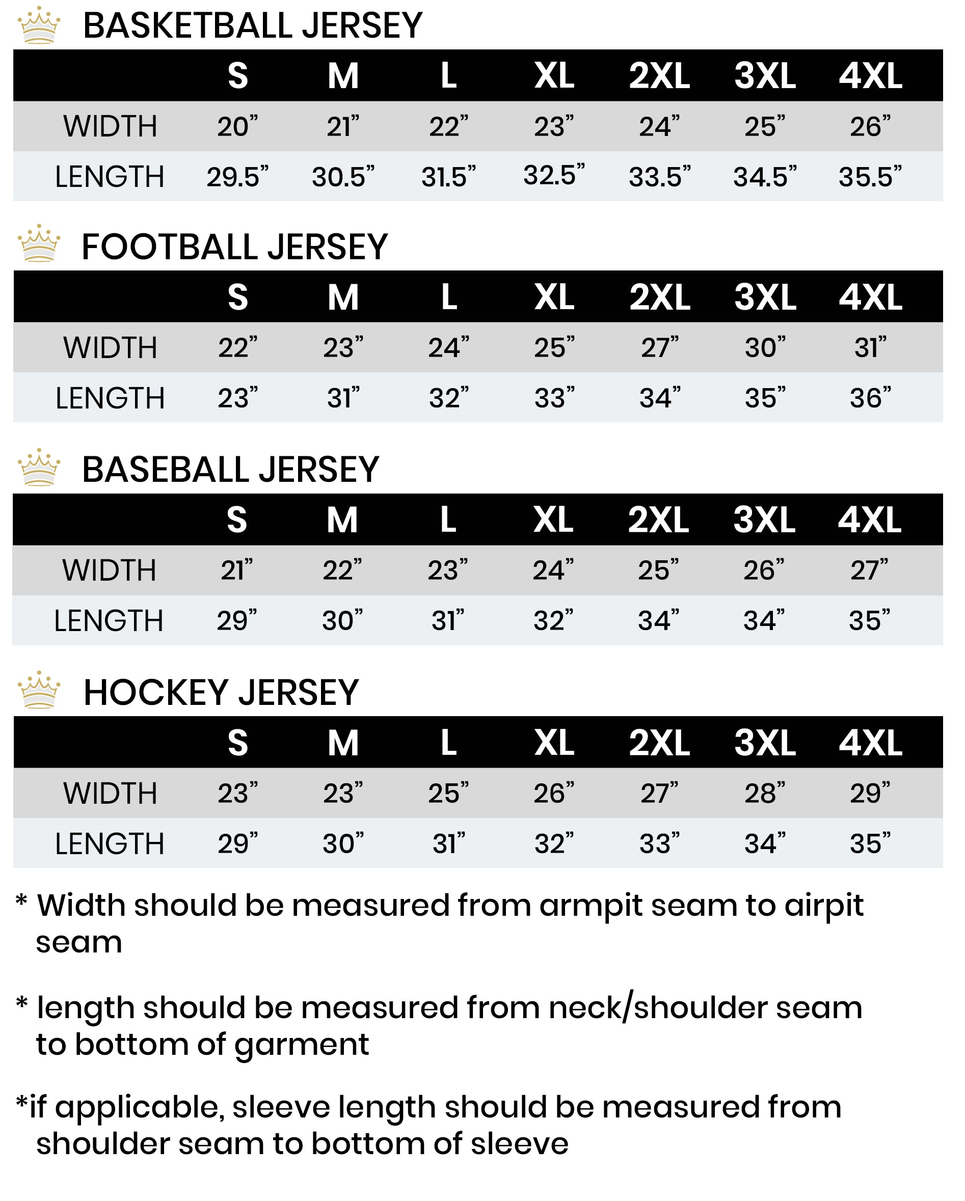 Basketball Jersey Number Size Chart