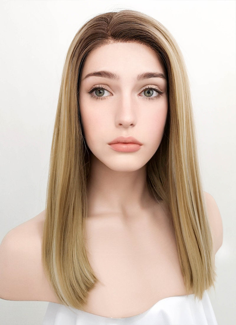 Mixed Blonde With Dark Roots Straight Bob Lace Front Synthetic Wig
