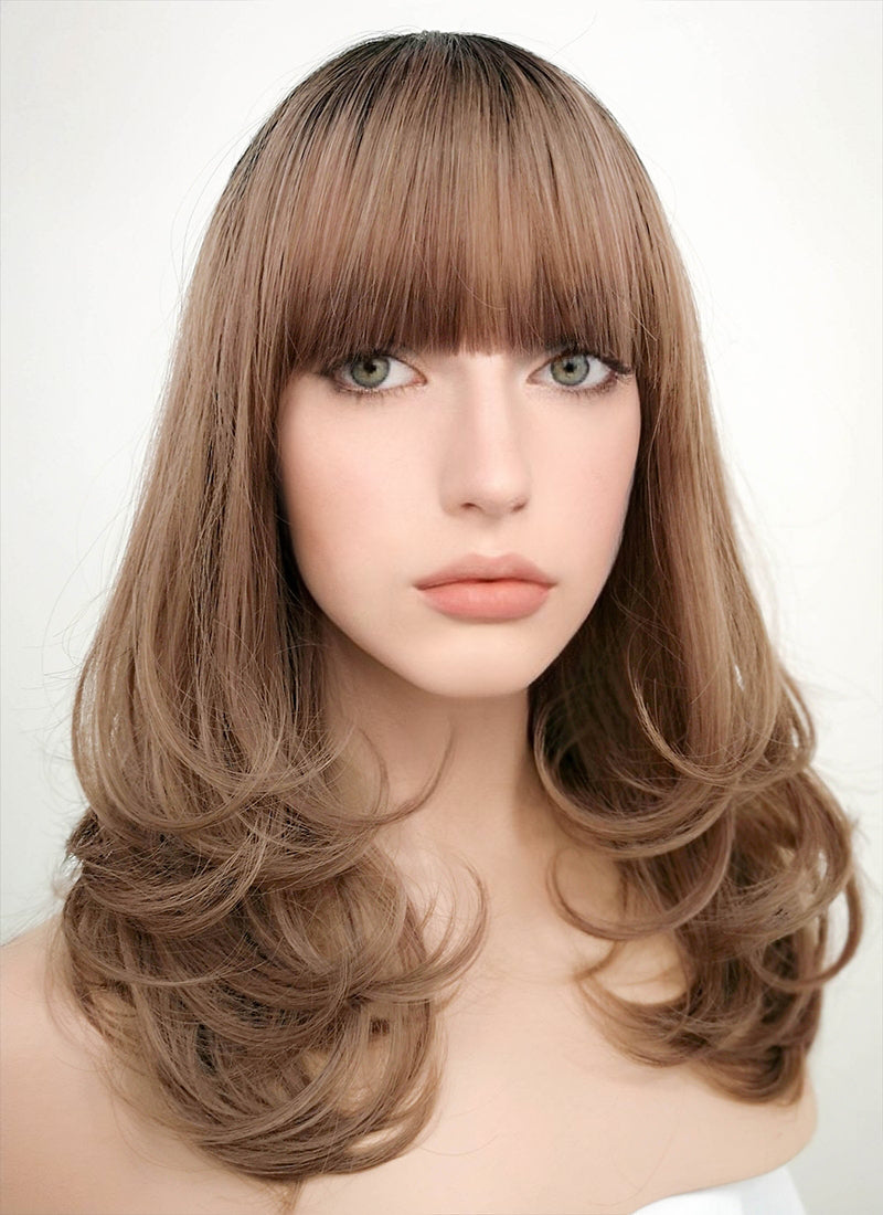 Brown With Dark Roots Wavy Bob Synthetic Wig PN001