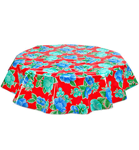 Freckled Sage Round Oilcloth Tablecloth Poppy Red